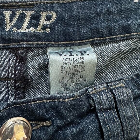 V.I.P. Jeans Distressed Dark Wash Embellished Pocket Skinny Jeans Size 15/16 NEW - Picture 2 of 12